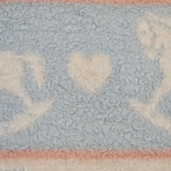 Vintage Blue Rockinghorse Baby Blanket Hearts Acryl Velours Biederlack USA Made - Picture 5 of 7